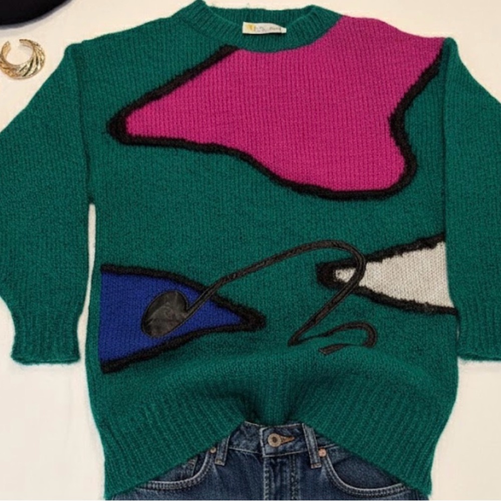 VTG LAUREL Italy Mohair Abstract Sweater 80s Art Deco Escada Green 34